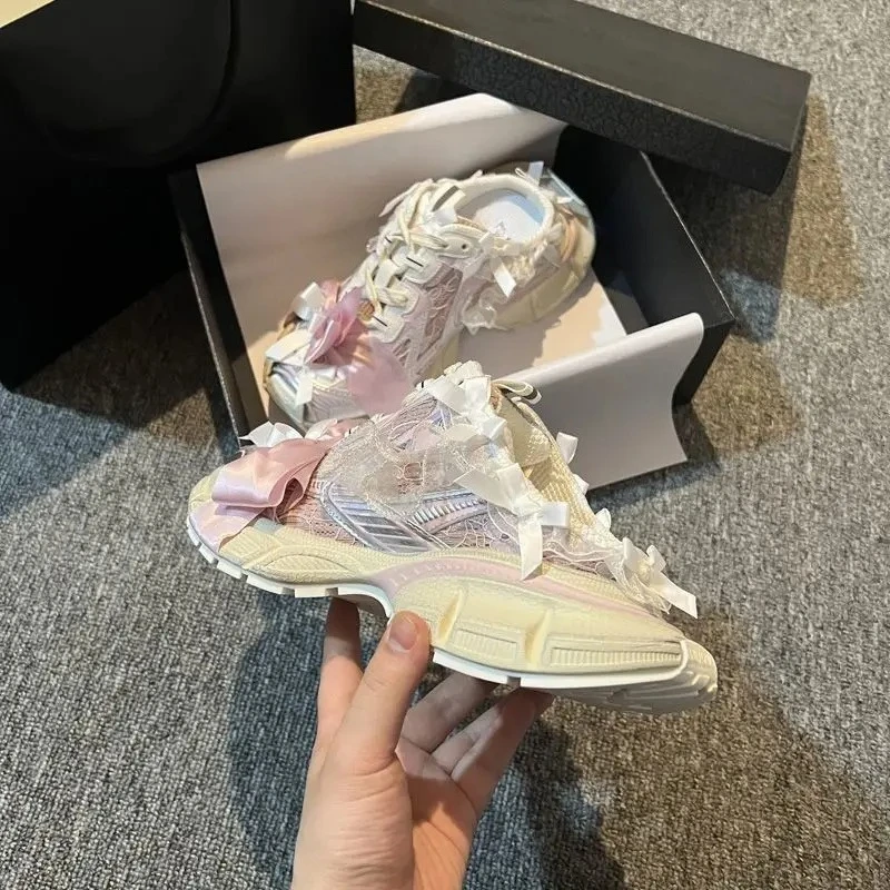 Women's Satin Bow Lace Ruffle Trim Backless Mule Platform Dad Shoes Mesh Lace Up Height Increasing Casual Shoes Drop Shipping