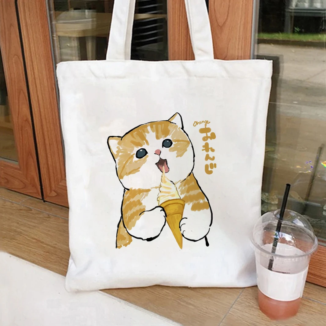 

Orange Kitten Print Canvas Tote Bag Cute Cartoon Cat Design Handbag Stylish Women Shoulder Bag Spacious Casual Shopper Purse