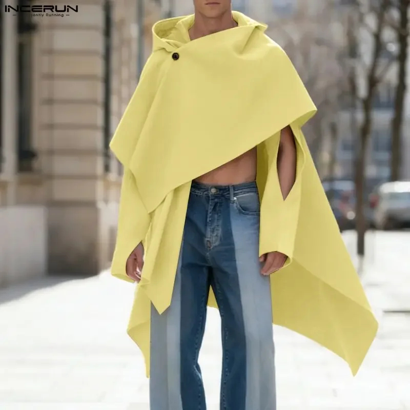 

INCERUN Men Trench Solid Color Hooded Long Sleeve Hollow Out Irregular Cloak Coats Men Ponchos Loose Streetwear Fashion Cape Men