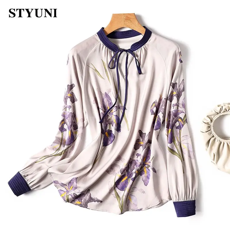 Purple Floral Printing Casual O-Neck Lace Up Long Sleeve Women's Blouse Shirt Korean Fashion Female Clothing Tops Autumn 2023