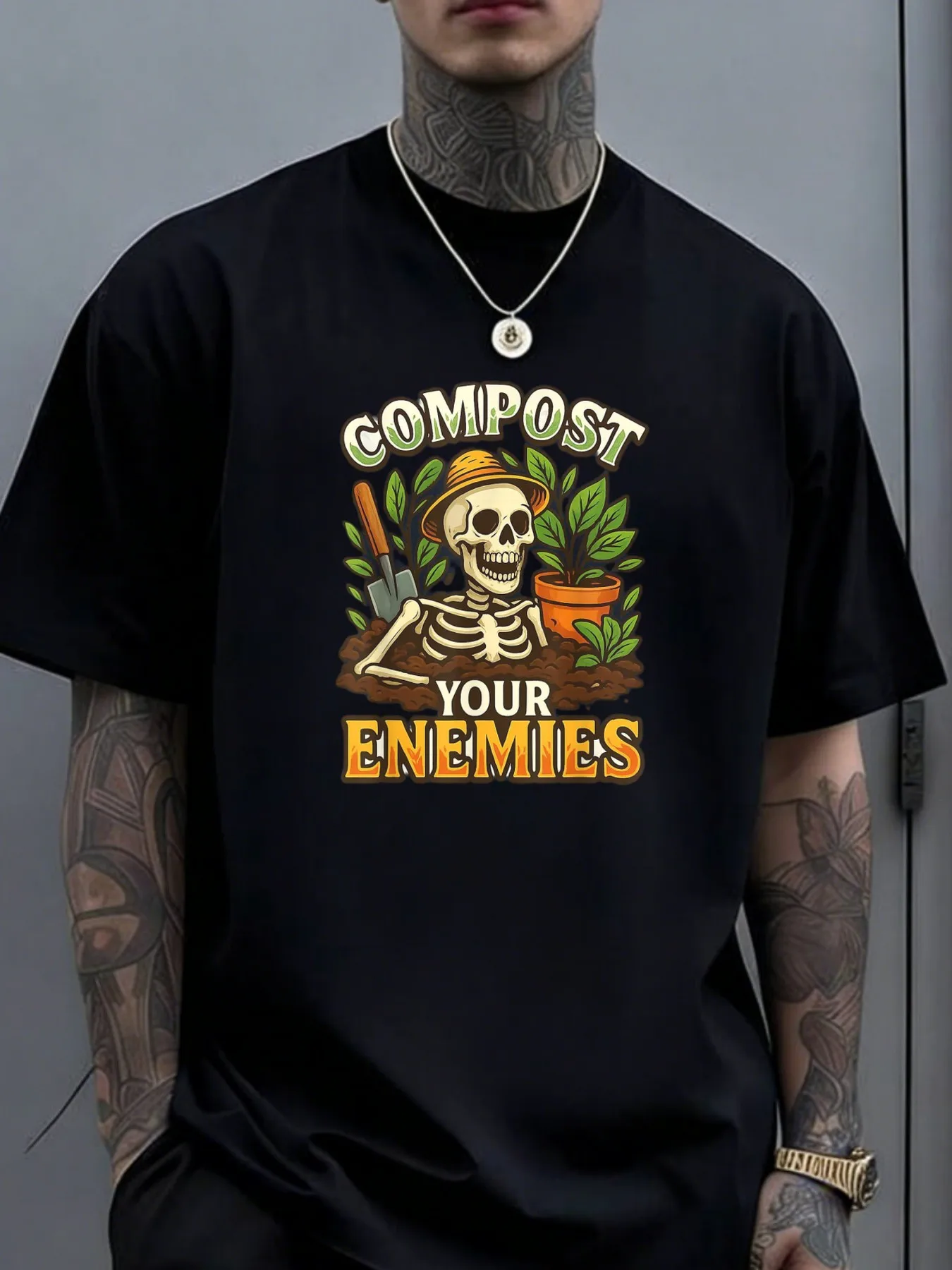 1pc Mens Graphic T Shirt Funny Compost Your Enemies Skeleton Gardening Print Short Sleeve Crew Neck