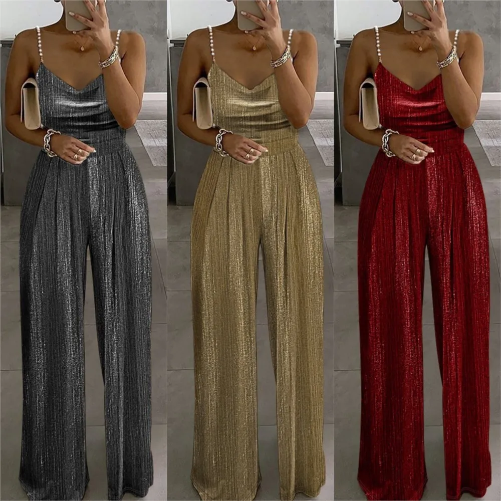 Off The Shoulder Stud Sexy Strap Women\'s Dinner Romper Spring Summer New Fashion Pleated Loose Straight Leg Female Long Romper