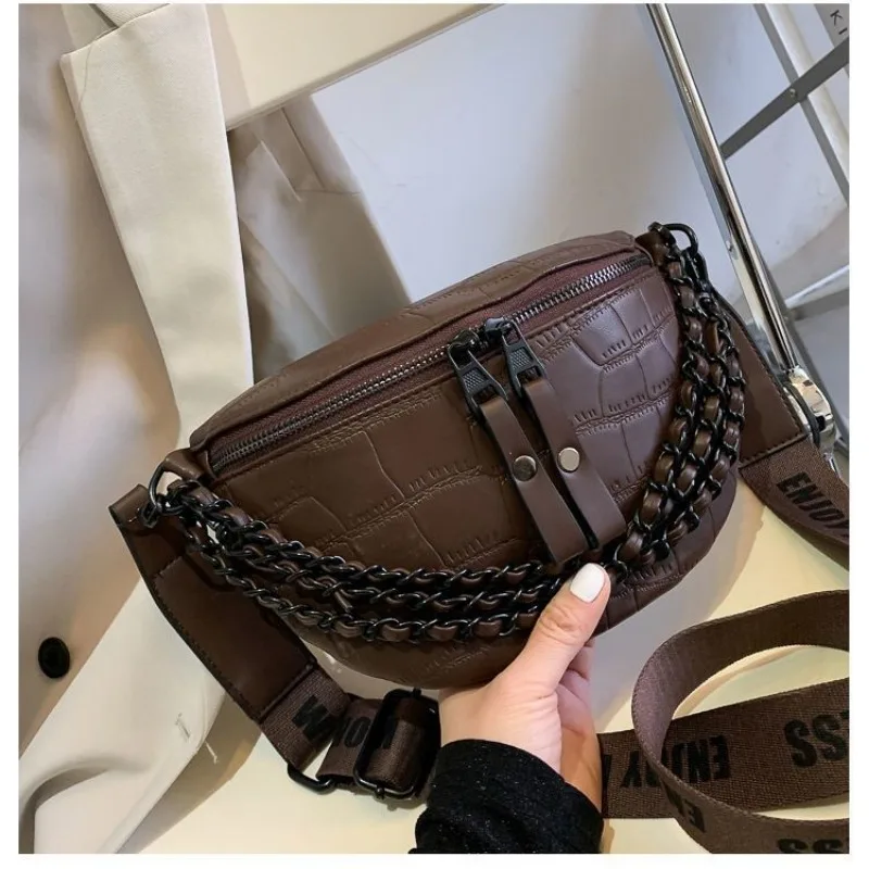 Fashion High Street Chain Crossbody Chest Bag for Ladies Wide Belt Zipper PU Shoulder Satchel Women Travel Purses and Handbags