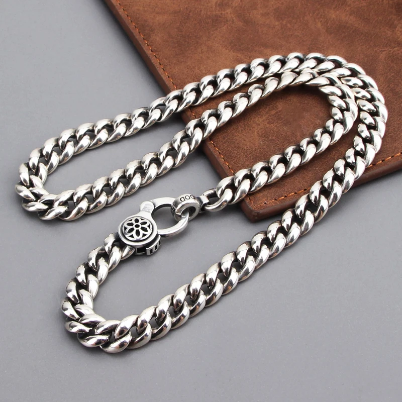 S925 pure silver six petal cherry blossom smooth tank necklace, domineering European and American style trendy hip-hop Cuban cha