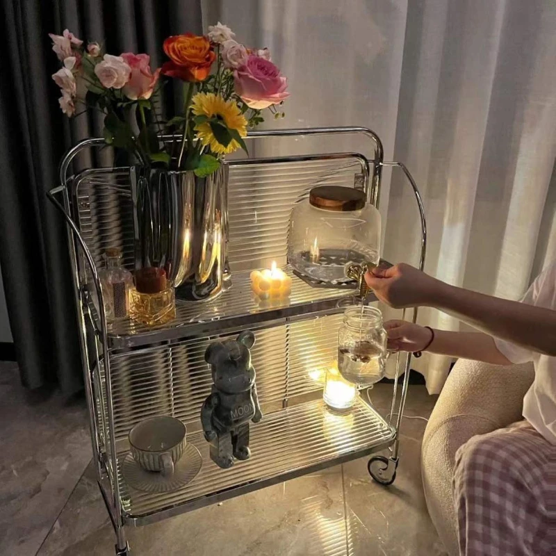 Medieval foldable glass cart cart mobile wine dining cart Internet celebrities ins transparent glass storage edge