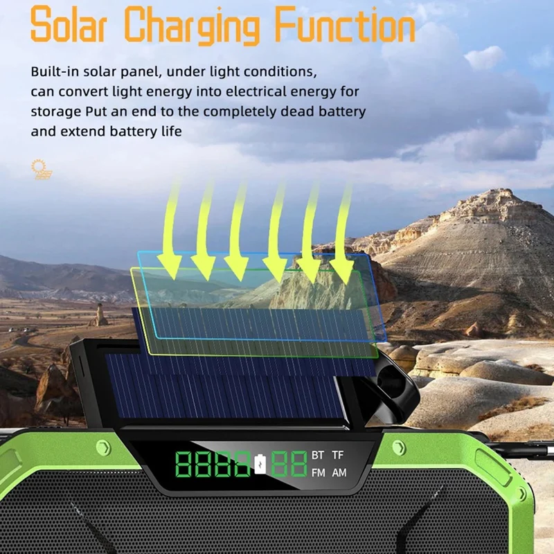 Hand Crank Solar Radio Bluetooth-Compatible Speaker Emergency LED Flashlight Power Bank Audio Device Dark Grey-ABFB