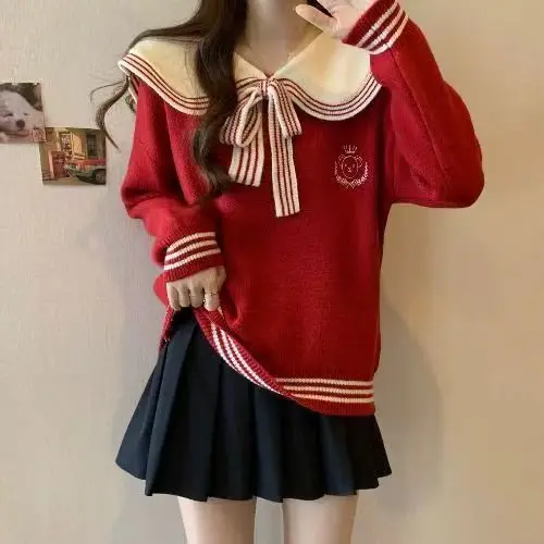 

Высококачественный красный свитер JK в морском стиле для женщин, с матросским воротником, длинными рукавами, теплый вязаный пуловер, модный стиль преппи, белые трикотажные изделия