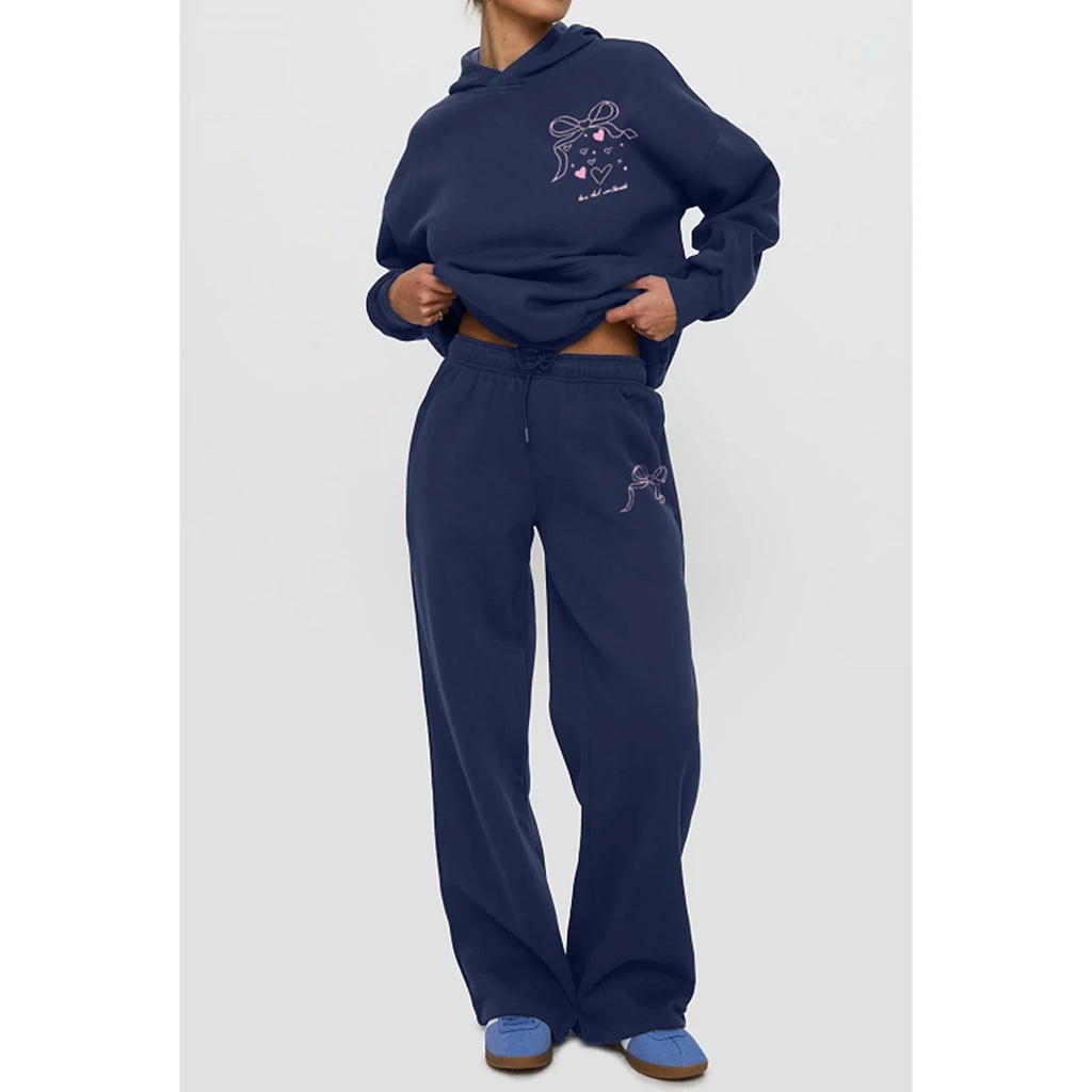 Combhasakiผู้หญิง 2 ชิ้นชุดออกกําลังกายน่ารักพิมพ์แขนยาวHooded Pullover + Drawstring Sweatpants Activewear Tracksuits