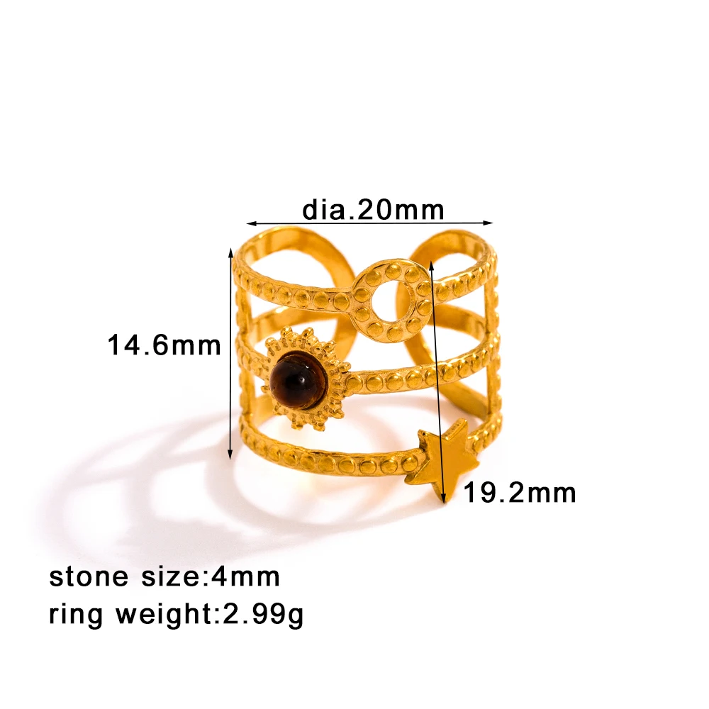 الحجر الطبيعي 18K الفولاذ المقاوم للصدأ الجمشت الحجر الأحمر الأخضر اليشم حجر عين النمر الأزرق الحجر الرملي الكريستال على شكل نجمة حلقة مفتوحة