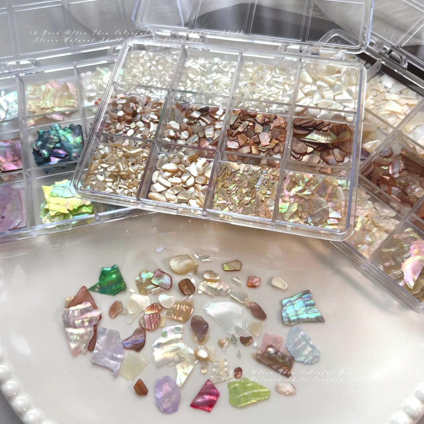 1Set 12 Grids Mother of Pearl Shell Flakes Nail Charms, Iridescent Thin Fragments Handmade DIY Nail Decor Supplies