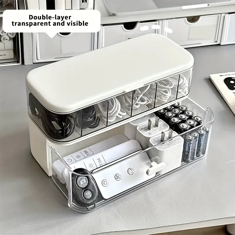 Double Layer Transparent Cable Organizer Box Storage Desk Gadgets Stationery Office Accessories Boxes Plastic Drawer School