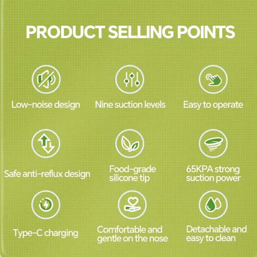 

Перезаряжаемый детский электрический назальный аспиратор с 9 уровнями всасывания, 2 силиконовыми насадками, присоска для носа новорожденного, предотвращает заложенность носа