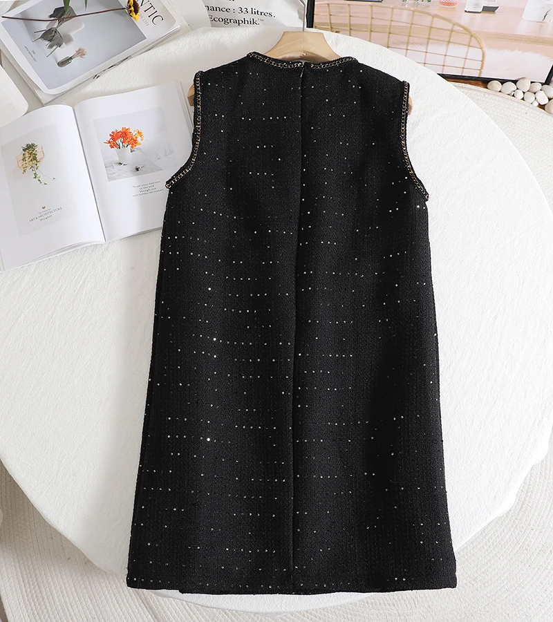 2024 Spring Fashion Commuter Heavy Industry Sequin Thick Plaid Black Tank Women Dress