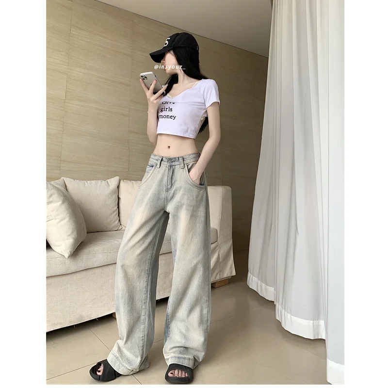 Nostalgic Blue Womens Jeans High Waist Vintage Straight Baggy Denim Pants Casual Fashion Classic Basic Wide Leg Denim Trouser