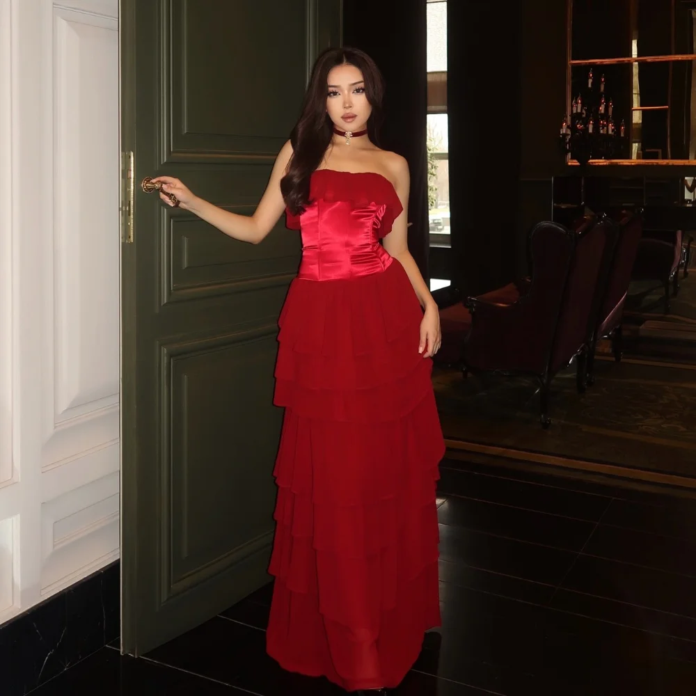 

Customized Modest Sexy Red Chiffon Pleat Ruched Tiered A-line Strapless Floor-Length Evening Dresses Sizes Available