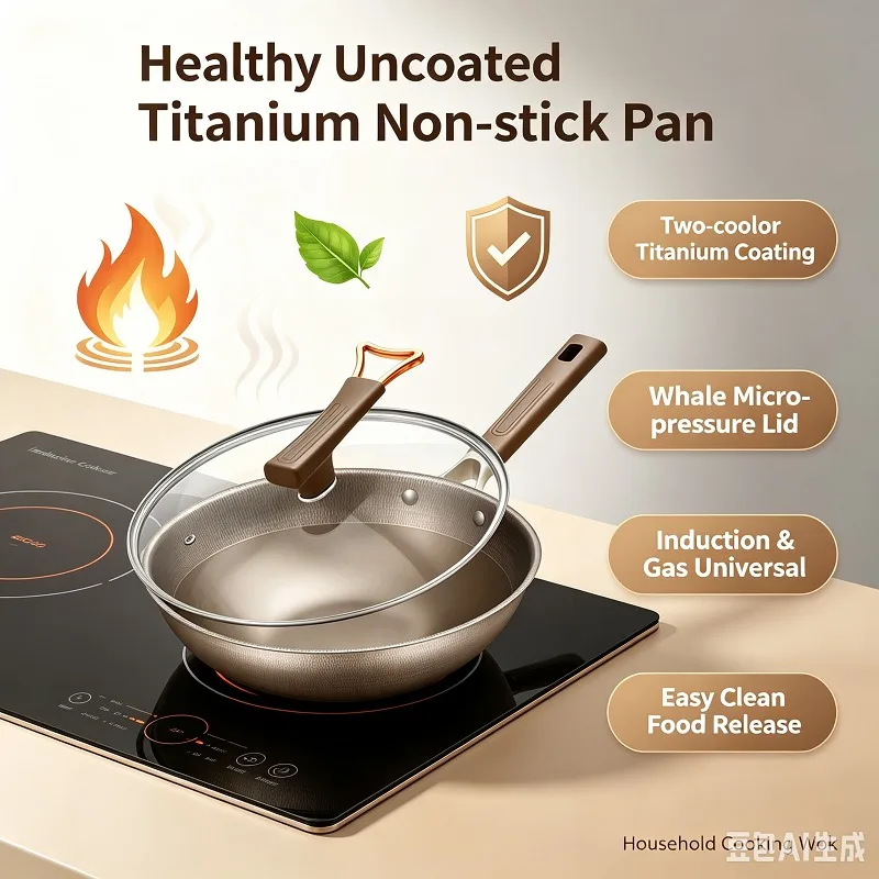 Household GaInduction Cookers  Two-color Titanium Non-stick Pan Healthy Uncoated Whale Micro-pressure Wok Universal