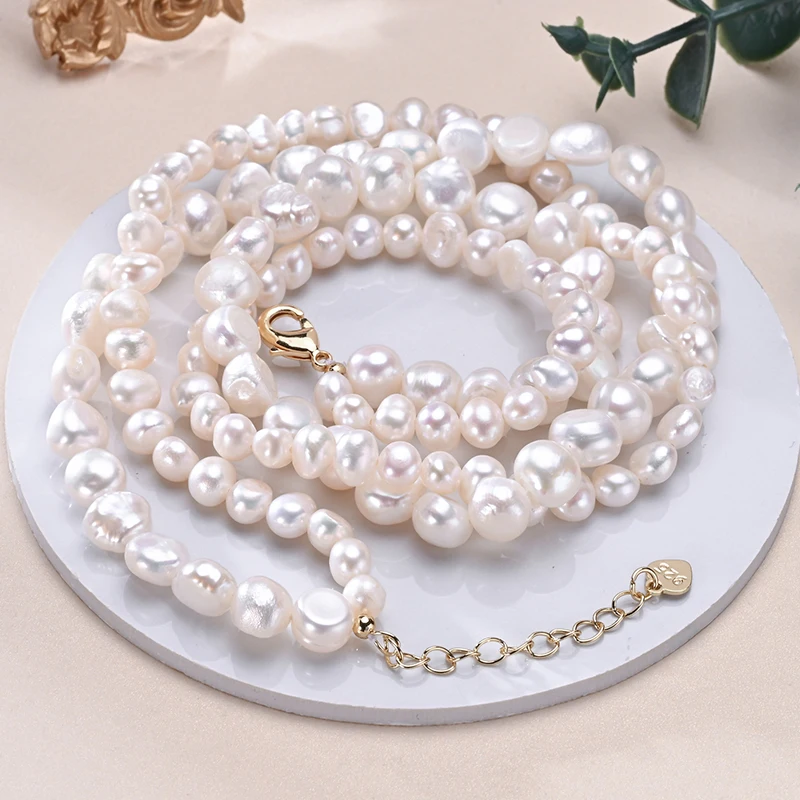 HENGSHENG Baroque Freshwater 5-6mm 8-9mm White Pearl Double Necklace 925 Sterling Silver Trendy Jewelry Gift for Women Girls