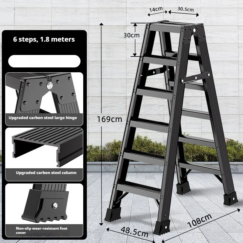 Thick Carbon Steel Folding Step Ladder with Anti-slip Wear-resistant Foot Caps, 1.2m-2.4m Household A Frame Zigzag Ladder