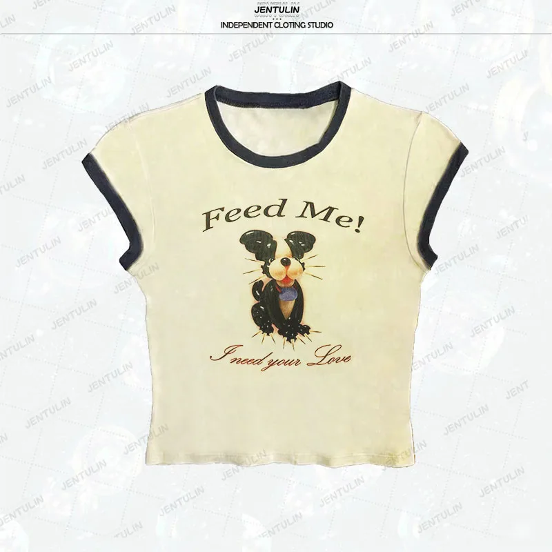 Women Vintage Anime baby Tee Y2K Personality Dog Feed Me Print T-shirt Aesthetic Cropped tops Yellow Cute Short sleeve Sexy Tops