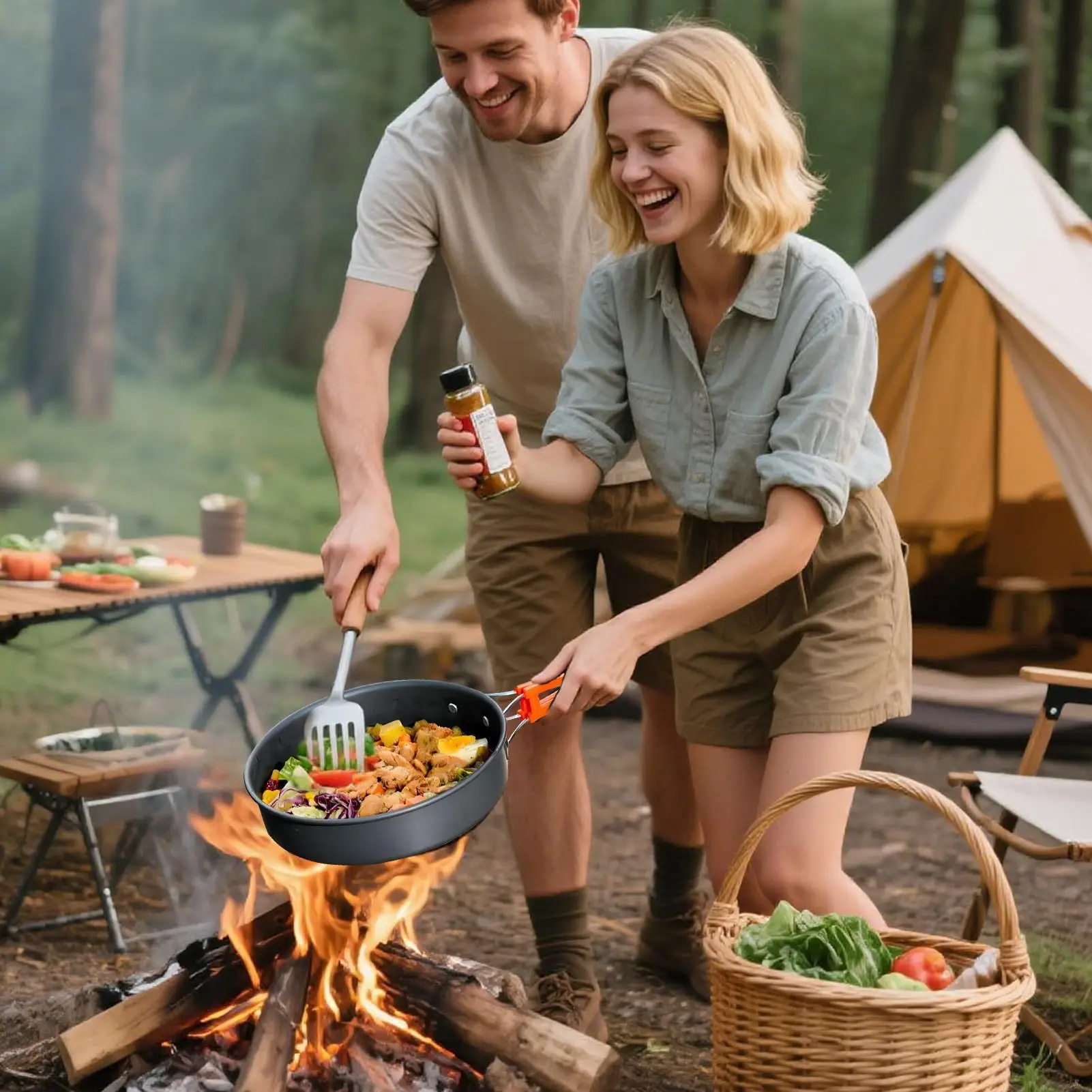 

Набор кастрюль и сковородок для кемпинга, сковороды для кемпинга, складные чашки, ножи, вилка, ложка, антипригарная посуда для уличной кухни, пешего туризма, путешествий