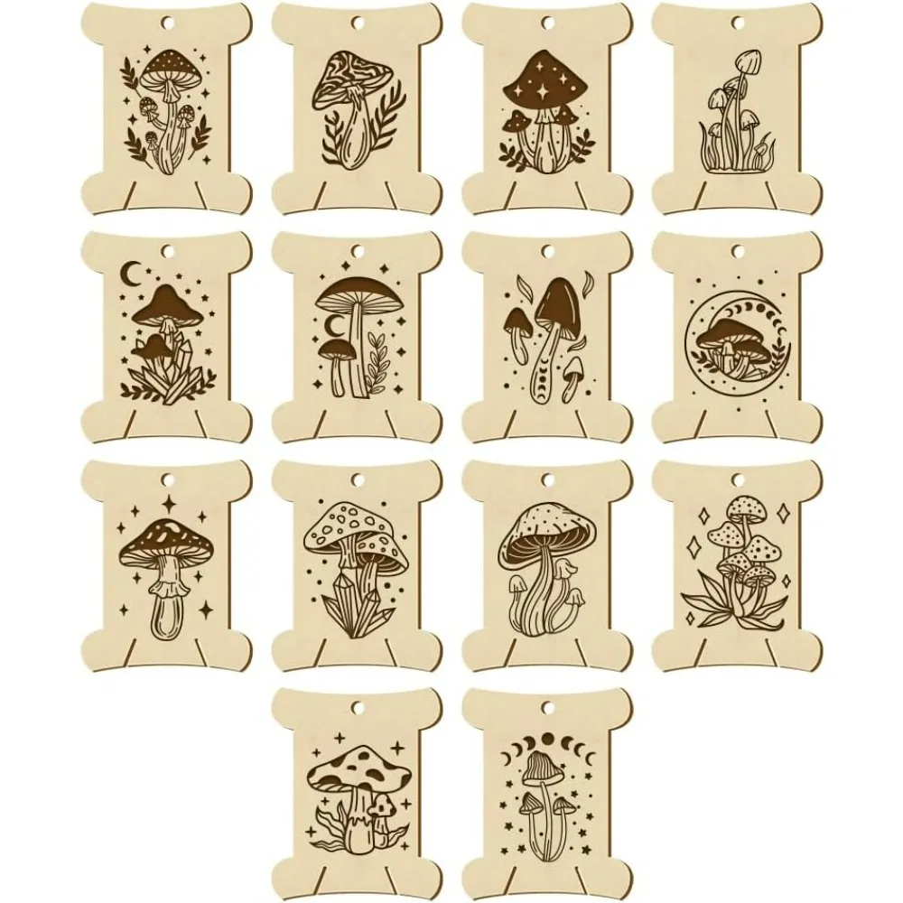 14 Pcs 14 Styles Wooden Thread Winding Boards, 2.48x1.98x0.12 Inch Embroidery Floss Organizer Mushroom Pattern Card Floss Winder