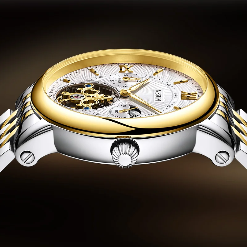 Orologio meccanico da uomo NESUN, movimento potente completamente automatico, orologio meccanico da lavoro luminoso autentico in acciaio inossidabile per