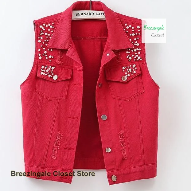 

French solid color denim vest women's spring and summer new washed hole beaded sleeveless jacket slim joker tank top tide