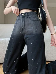 Trendy Fashion Women's Diamonds Gradient Straight Jeans 2024 Summer New Items High Waist Pockets Denim Pants Female