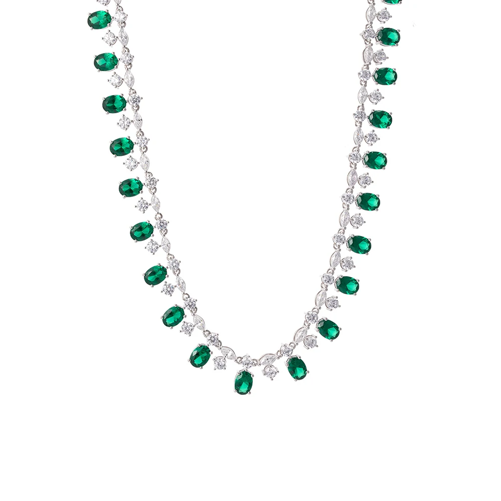 Ruizuan Synthetic Emerald Oval Emerald Stone Necklace Nano Green Necklace Stone Heavy Necklace 925 Sterling Silver