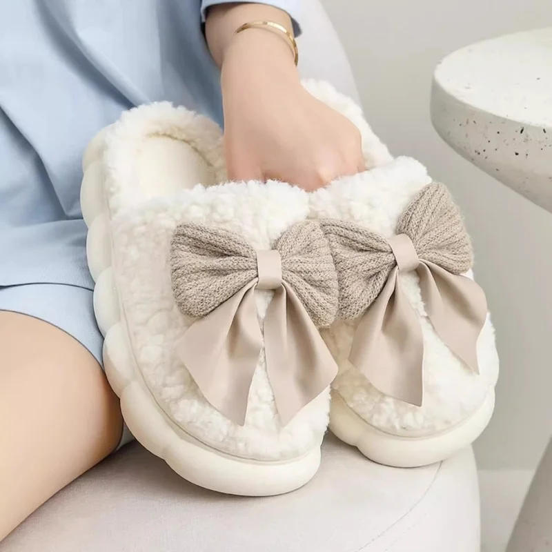 

Men's & Women's Winter Plush Furry Slippers with Bow Thick Sole Cozy Indoor House Shoes Non-Slip - Ideal for Bedside No Closure