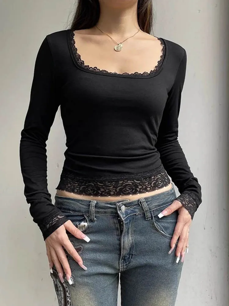 2000s gráfico t camisa vintage fada grunge feminino outono rendas guarnição manga longa magro se encaixa topos y2k roupas básicas harajuku camisetas