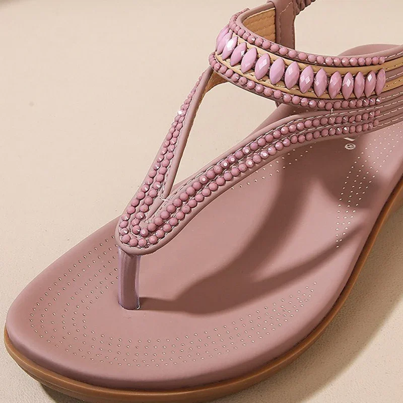 Summer Women 2cm Platform 2.5cm Wedges Low Heels Sandals Bling String Bead Pink Flip Flops Sandles Lady Sequin Bohemian Shoes