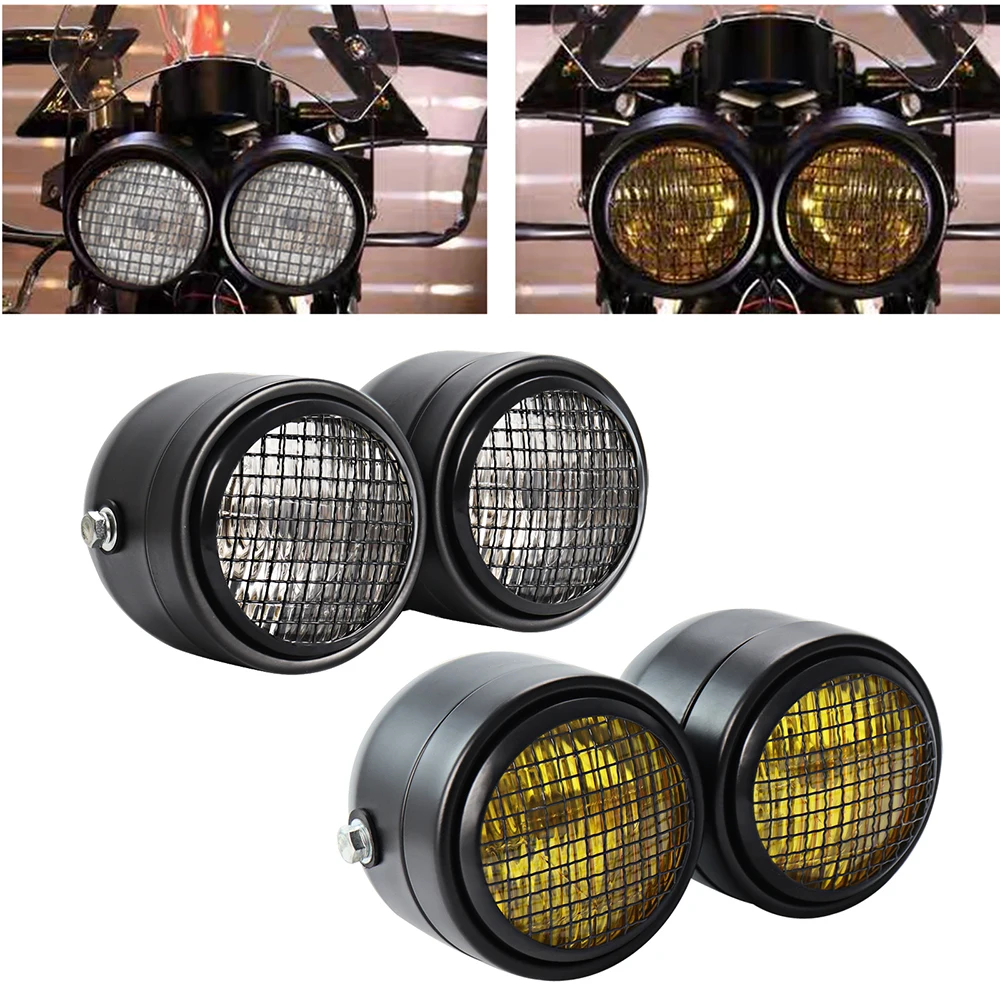 Motorcycle Front Twin Dual Headlight Double Headlamp Light W/ Grill Mesh For Universal Harley Cafe Racer Chopper Bobber Custom