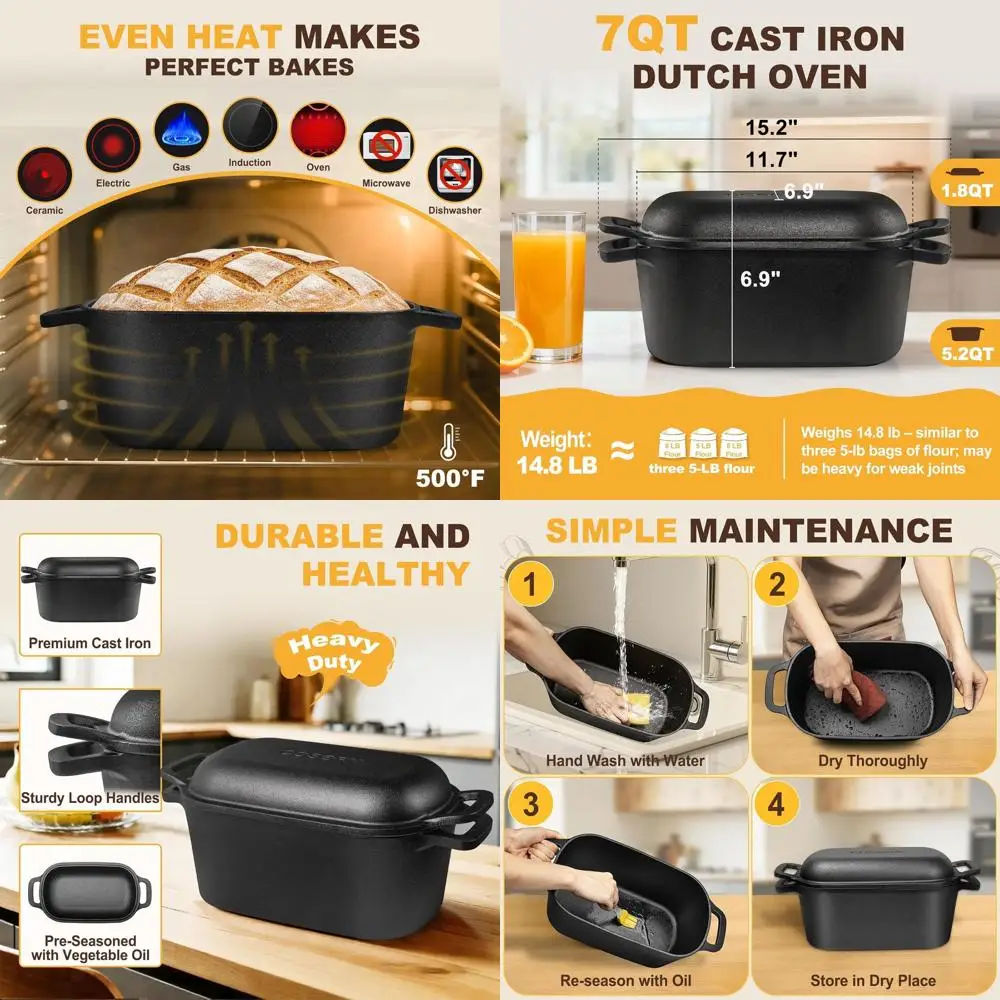 

Pre-Seasoned 7QT Oval Dutch Oven - Cast Iron Sourdough Bread Pan with Lid for Uniform Baking