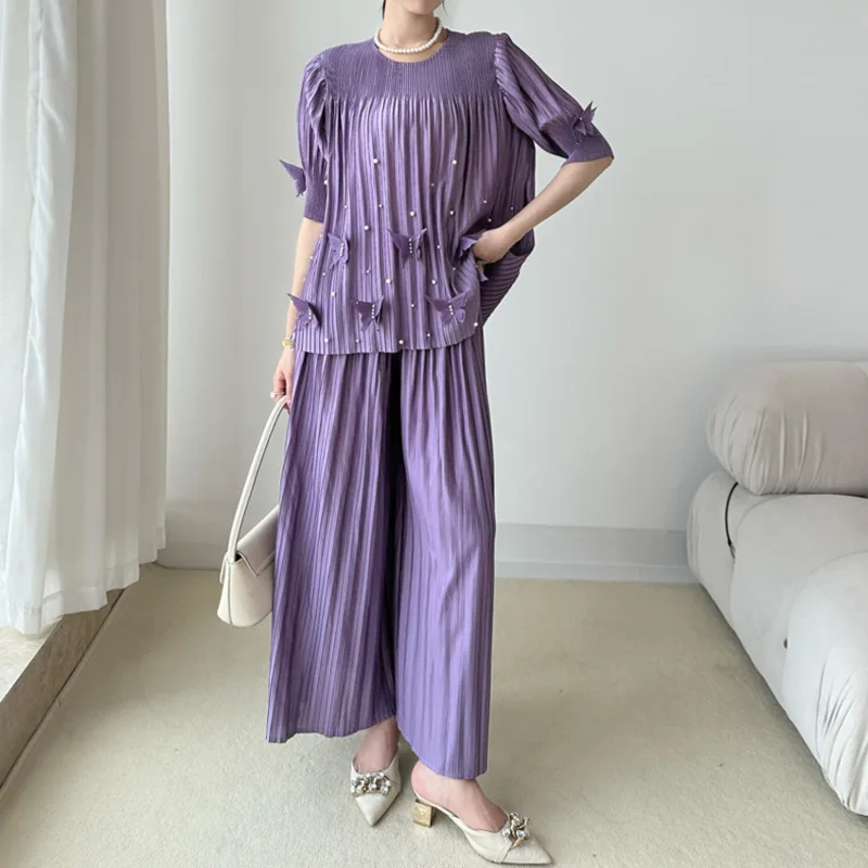 YFPF Women Pleated Beading Bow Spliced Design 2 Piece Set Short Sleeve Tops + Wide Leg Trousers Summer New Clothing 3A294