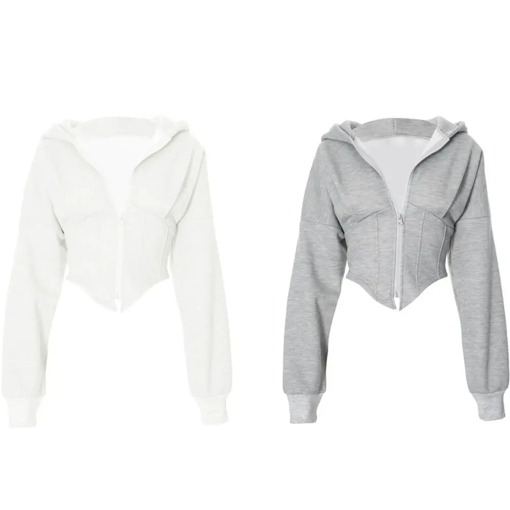 

Fashion Solid Color Hoodies Women Fish Bone V Shape Streetwear Cardigan Irregular Lower Hem Long Sleeve Hooded Coat Spring