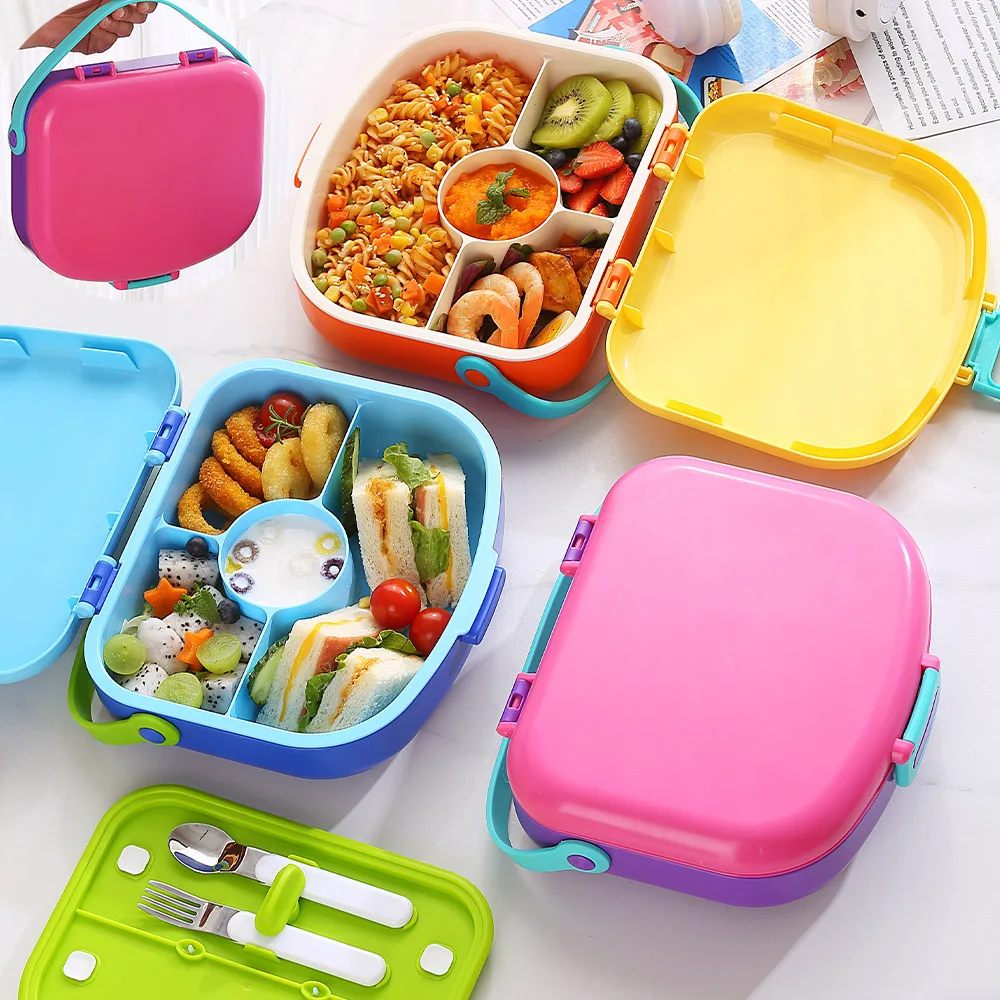 Portable Bento with Fork and Spoon Lunch Box, Leakproof Plastic Food Container, Outdoor Camping Child Lunch Box, School Kids