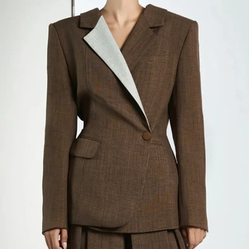 HKSH Blazer Voor Vrouwen Herfst Nieuwe Contrast Kleur Asymmetrisch Ontwerp Slim Fit Elegant Temperament Kantoor Dame Trendy Jas HK10756