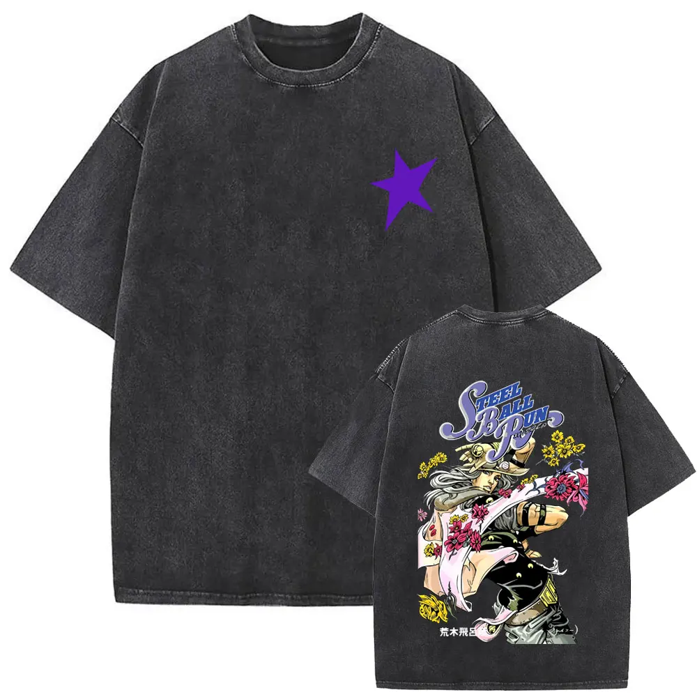 Washed Vintage Anime Jojo Bizarre Adventure Steel Ball Run T-shirt Gyro Zeppeli Print T Shirt Men Women Retro Oversized T-shirts