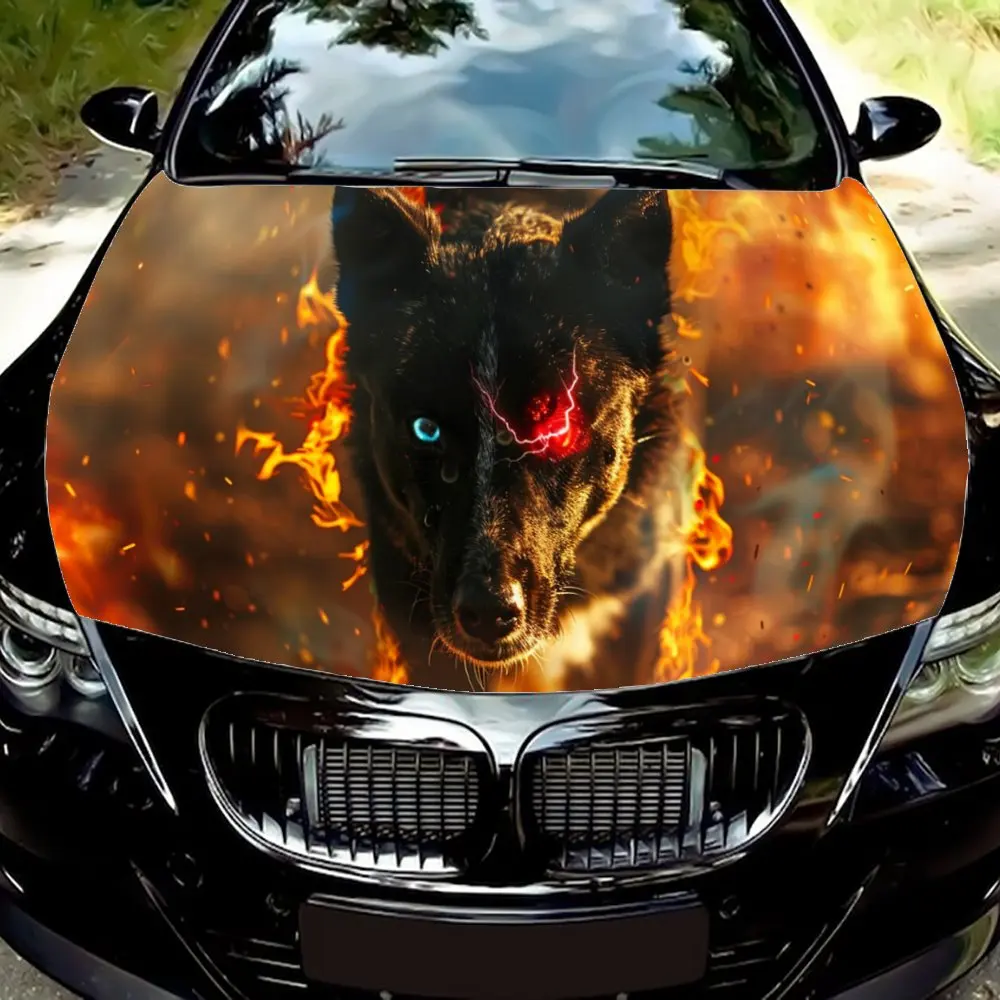 Fierce Flame Dog with Red Eye Car Hood Wrap Color Vinyl Sticker Truck Graphic Bonnet DIY Auto Accessories Decoration Decal Gift