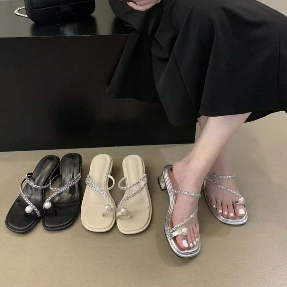 Women's Rhinestone Pearl Toe Ring Sandals, Low Heel Open Toe Slides, Comfortable Non-slip Casual Summer Footwear
