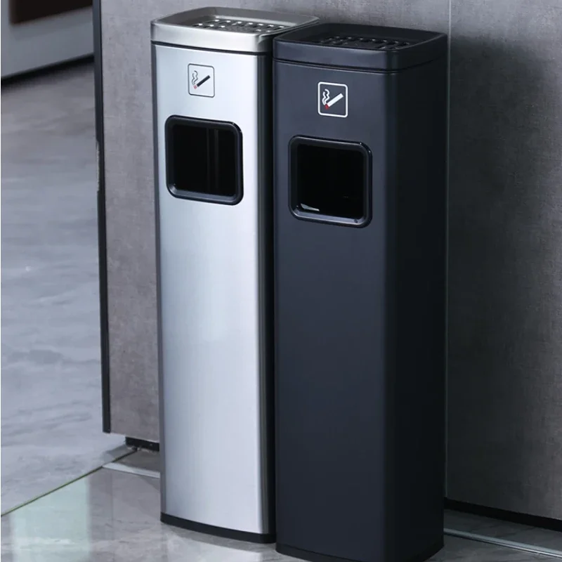 hotel stainless steel trash can with ashtray vertical elevator entrance lobby corridor aisle smoking smoke column commercial