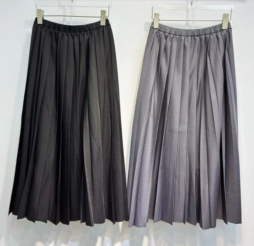 

Newest Fashion Long Skirt 2025 Autumn Winter Designer Clothing Women Elastic Waist Black Grey Maxi Long Pleated Skirts