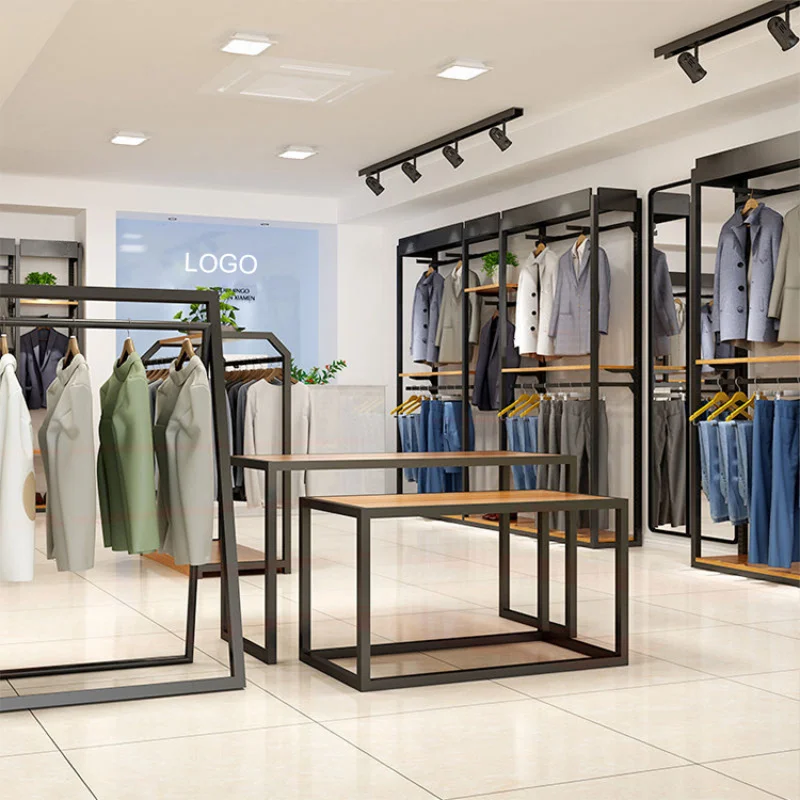 custom.Kainice Customized Boutique Display Furniture Retail Men Clothing Store Garment Rack Hanging Clothes Showroom