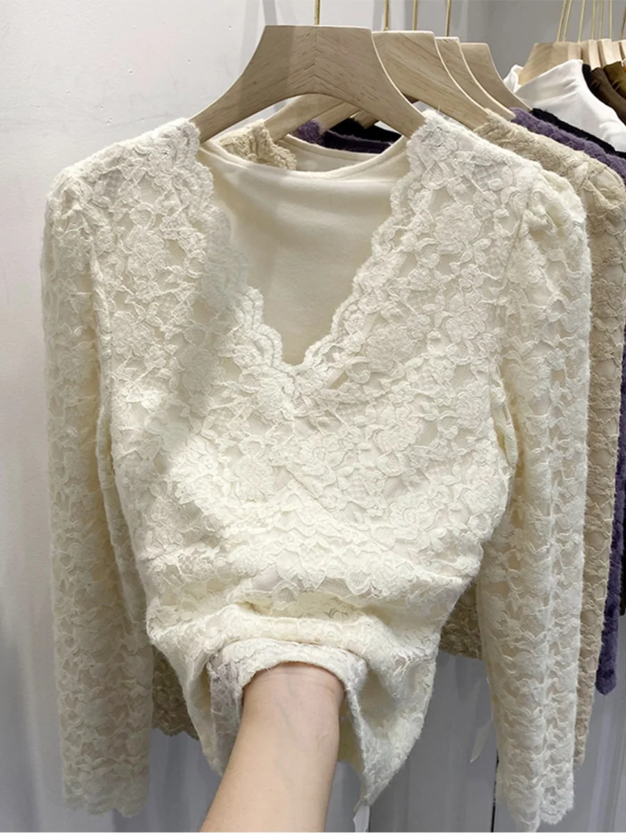 

V-Ne Purple Lace Fce Lined Thiened under irt Velvet Me Base Top Women Autumn Winter 2023 New ular Sle Commute...