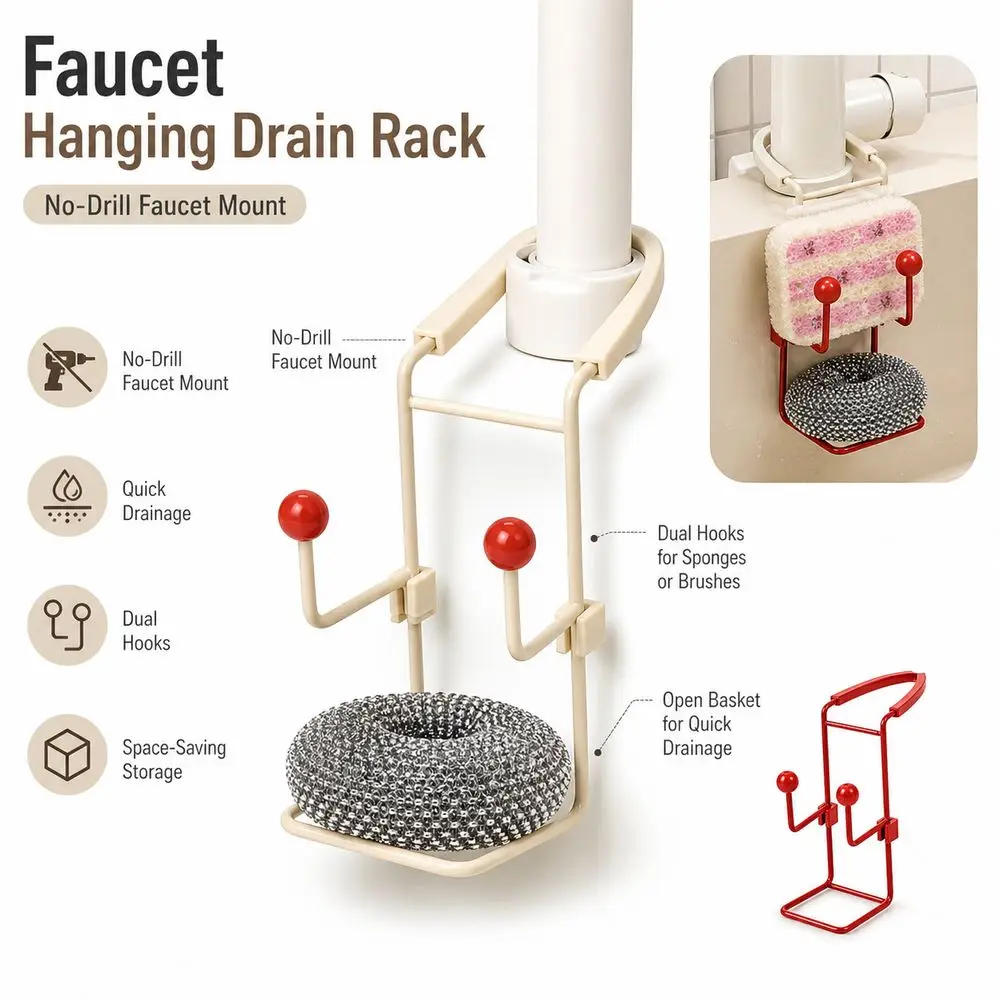 Dual Hooks Faucet Drain Rack Open Frame Quick Draining Sponge Holder Cleaning Tool Organizer Hanging Sink Kitchen Sink Storage