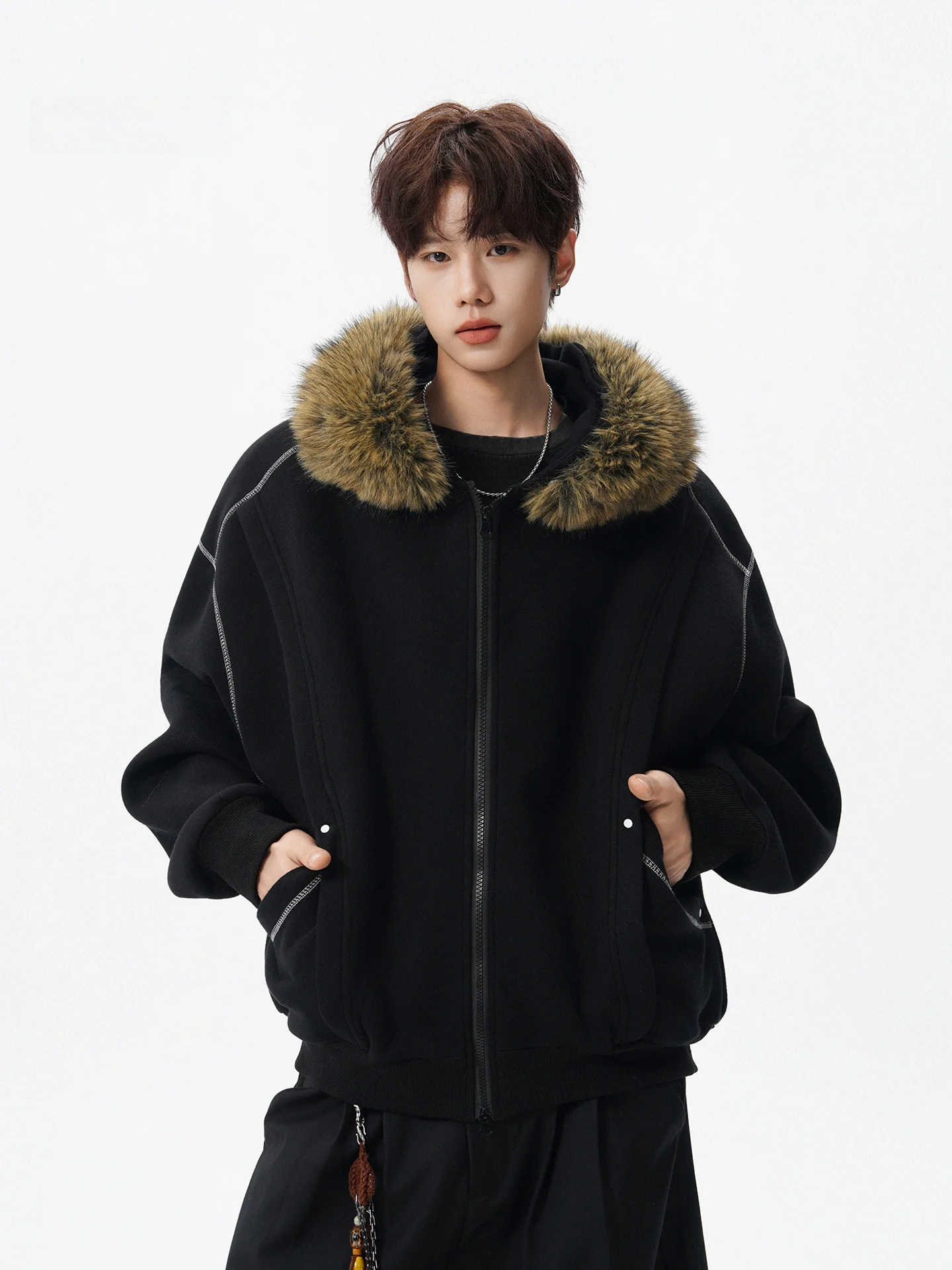 

American High Street Deconstructed Removable Fur Collar Open Cardigan Hoodie Men's Autumn Winter Thiened High Sense of Luxu...