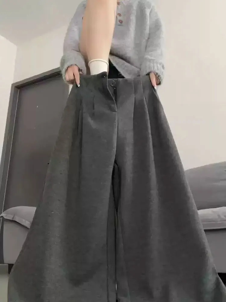 Pantalones de Lana de Corte Recto para Mujer, Otoño Invierno, Nuevo Estilo, Cintura Alta, Pierna Ancha, Elegantes, Casuales