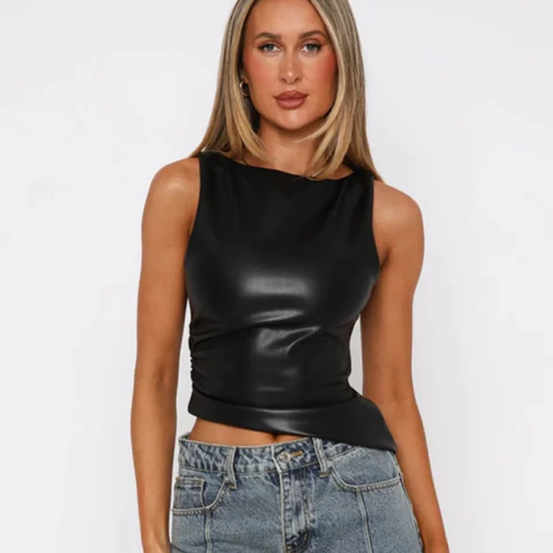 Cross-border European and American Hot-selling Leather Vest 2025Spring Summer Solid Color Fashion Pleated Irregular Small Vest W