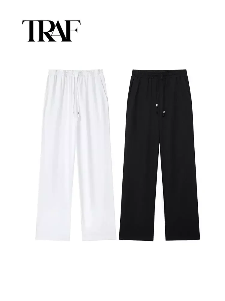 TRAF High Waist Baggy Pants Woman Pleated Straight Leg Trousers Womens Summer Pants for Women Drawstrings Women Pants